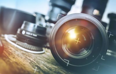 Close-up of camera on table