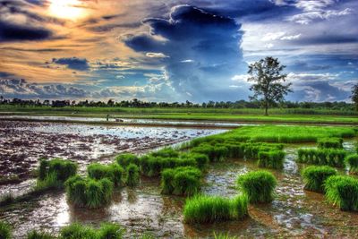 Scenic view of lake against cloudy sky