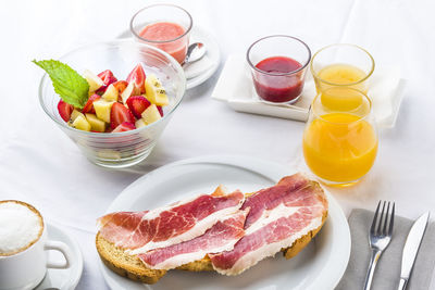 Close-up of breakfast served on table