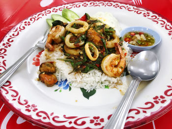 High angle view of food in plate on table