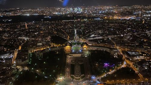 High angle view of illuminated buildings at night