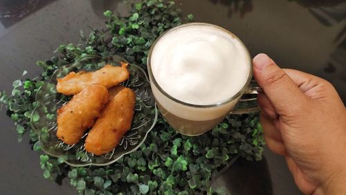 High angle view of person preparing food