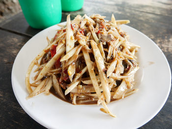 High angle view of noodles served in plate