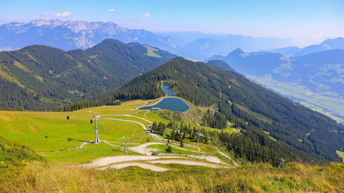A view from spieljoch over the cable car upper station towards rofan mountains.