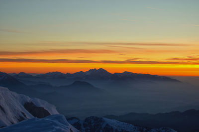 Scenic view of snowcapped mountains against sky during sunset