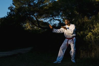 Adult man practicing martial arts in forest at dusk