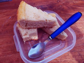 High angle view of dessert in plate on table