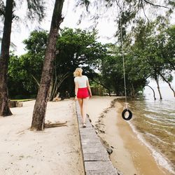 Rear view of woman walking by plants against trees