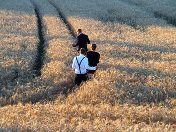 Rear view of friends walking amidst plants on field at farm