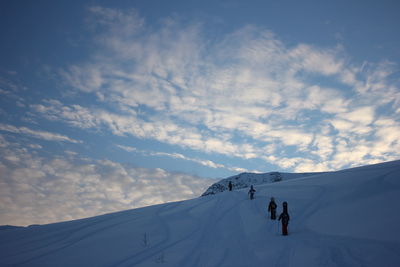 People on snowcapped mountain against sky
