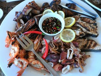 High angle view of seafood in plate on table