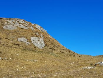 Low angle view of rock formations against clear blue sky