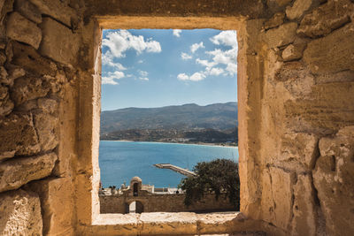 Scenic view of sea against sky seen through window