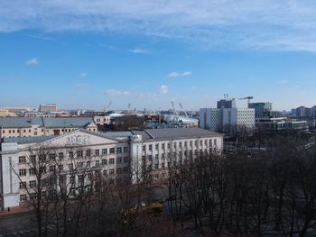 High angle view of buildings against sky