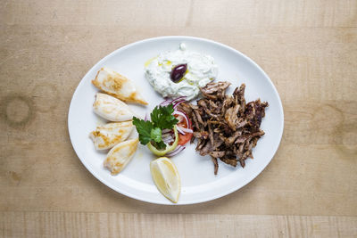 High angle view of meal served on table