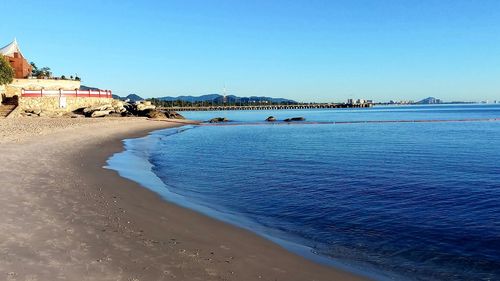 Scenic view of beach against clear blue sky
