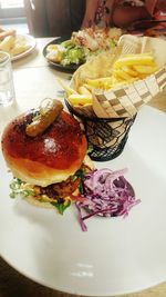 Close-up of burger in plate on table