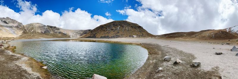 Panoramic view of lake and mountains against sky