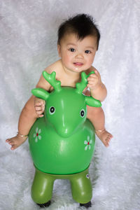 High angle portrait of cute baby boy sitting on toy animal