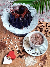 High angle view of chocolate cake in plate on table