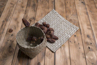 High angle view of food on wooden table