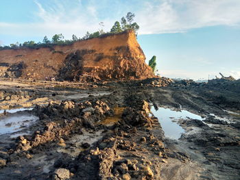 Rock formations on landscape against sky