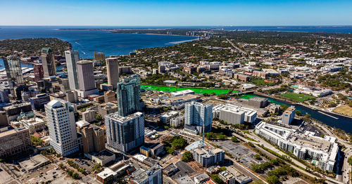 High angle view of buildings in city