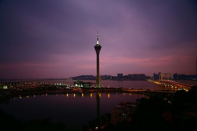 High angle view of macau tower during sunset