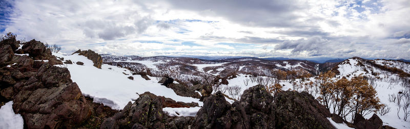 Panoramic view of snowcapped mountains against sky