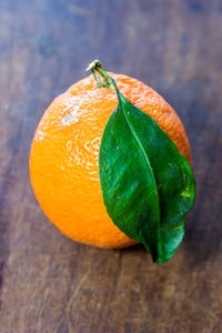 Close-up of orange leaf on table