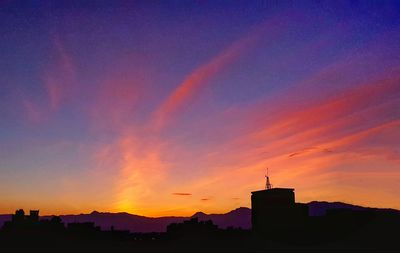 Silhouette of city at sunset