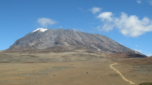 Scenic view of volcanic mountain against blue sky