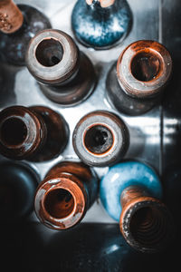 High angle view of bottles on table