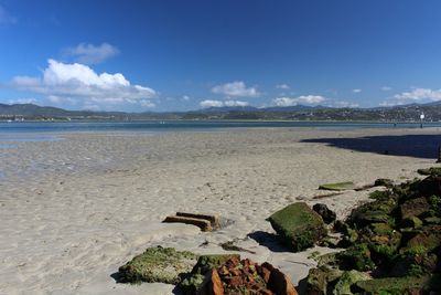 Scenic view of beach against blue sky