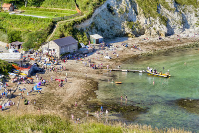 High angle view of people on shore