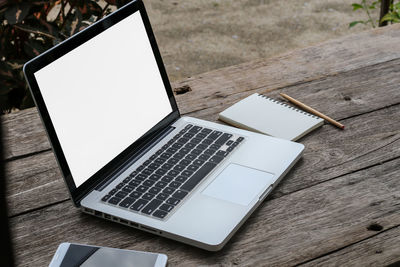 High angle view of laptop on table