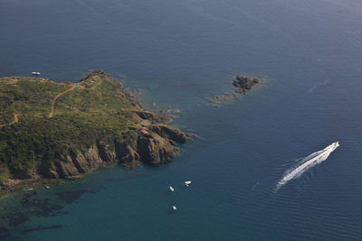 High angle view of boats on sea shore