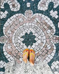 Low section of person standing on tiled floor