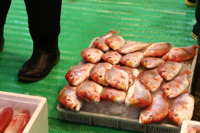 Low section of man by fish at market