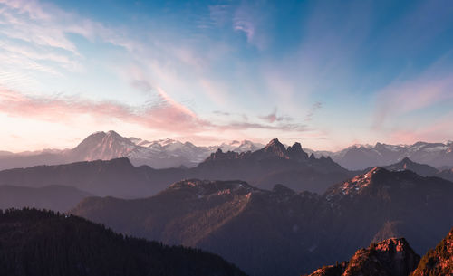 Scenic view of snowcapped mountains against sky during sunset