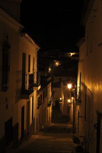 Illuminated street light against sky at night