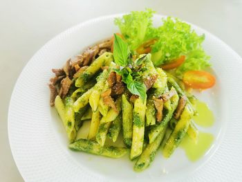 High angle view of salad in plate on table