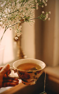 Person holding tea cup on table