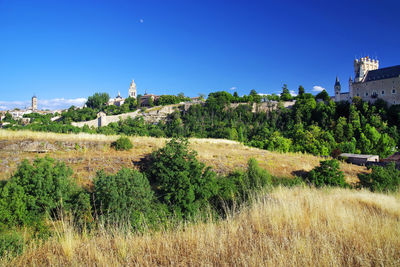 Scenic view of field against clear blue sky