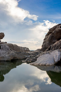 Scenic view of lake by mountains against sky