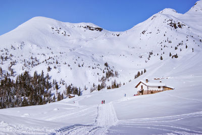 Scenic view of snow covered mountains against sky