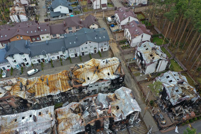 Top view of the destroyed and burnt houses. houses were destroyed by rockets or mines from soldiers.