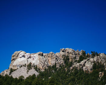 Low angle view of rock formation against clear blue sky