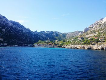 Scenic view of sea against clear blue sky