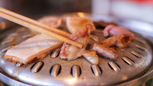 High angle view of meat in plate on table